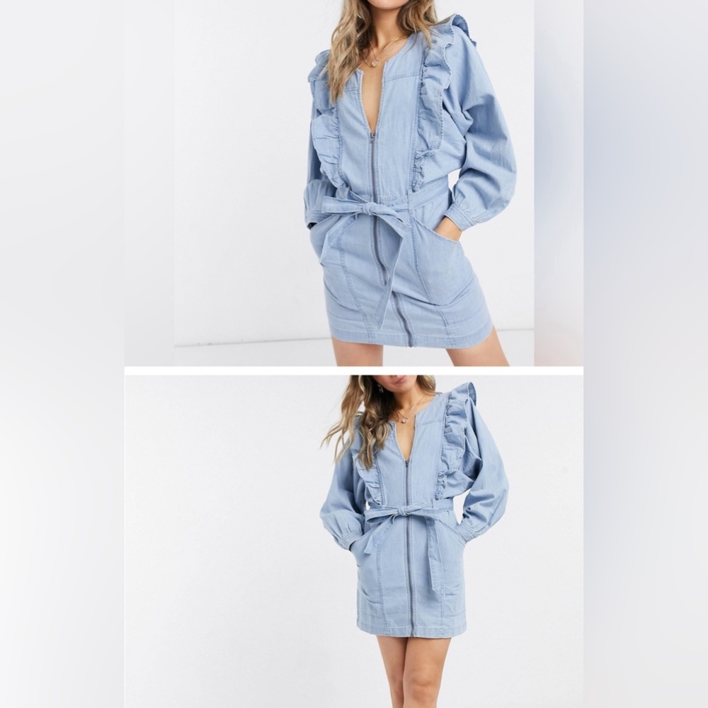 Free People Imogene Frill Denim mini zipper dress